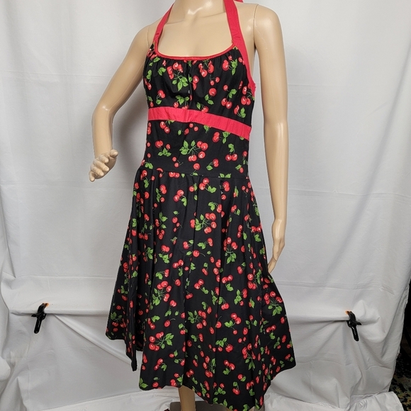 Cherry Print Black Halter Dress #1281 - Picture 3 of 13